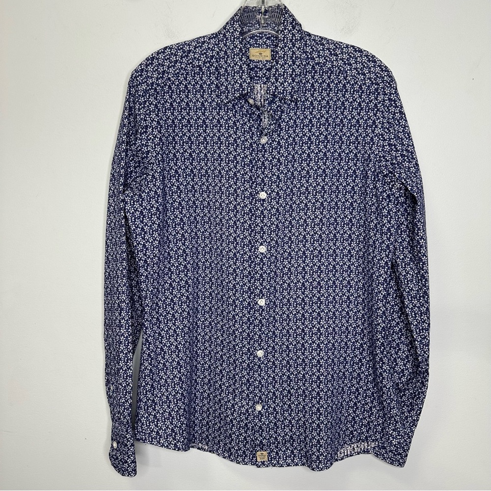 Silvery Sonrisa Men’s Made In Italy Navy Blue White Micro Floral Cotton Shirt S